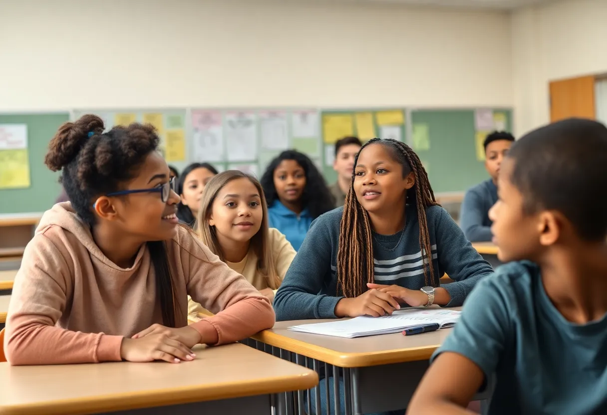 Students in a classroom discussing school safety