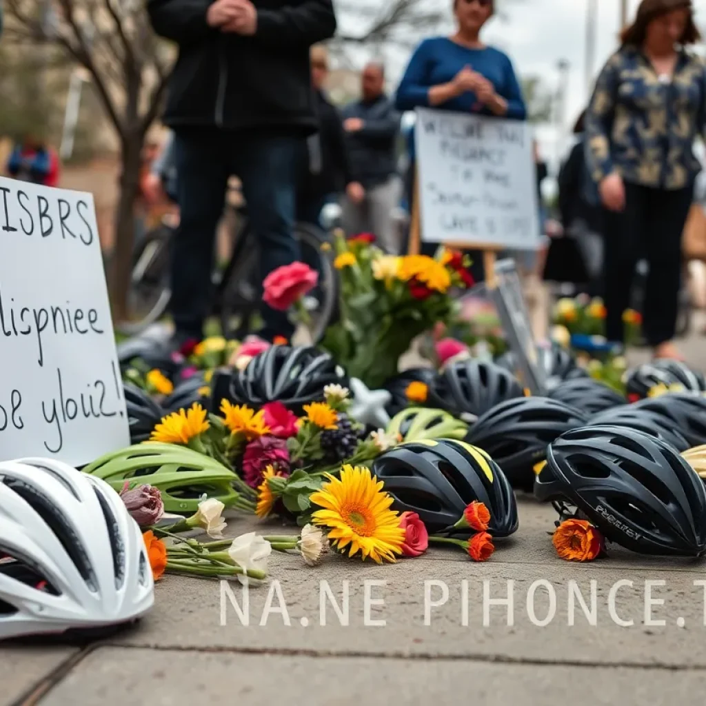 Community memorial for a bicyclist with flowers and helmets