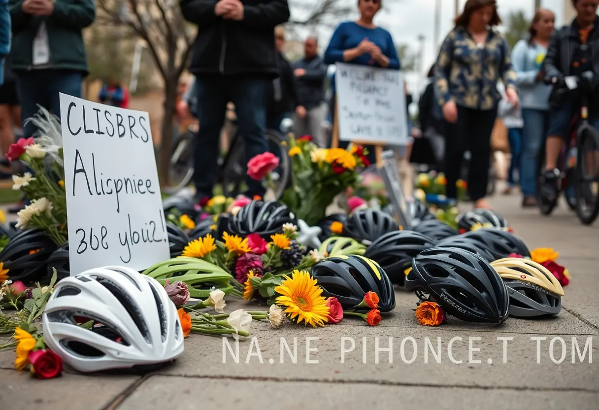 Community memorial for a bicyclist with flowers and helmets