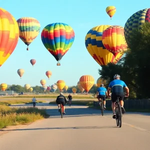 Cyclists riding towards the Balloon Fiesta with hot air balloons in the sky