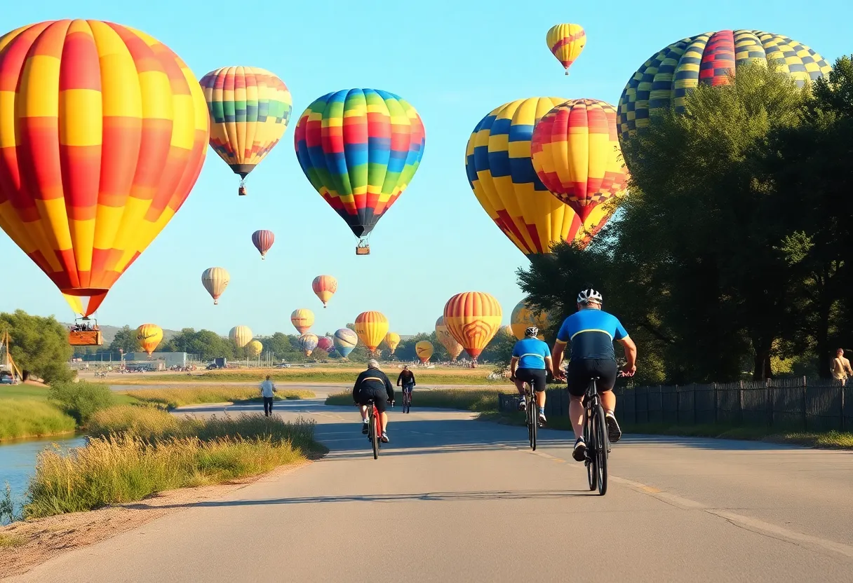 Cyclists riding towards the Balloon Fiesta with hot air balloons in the sky