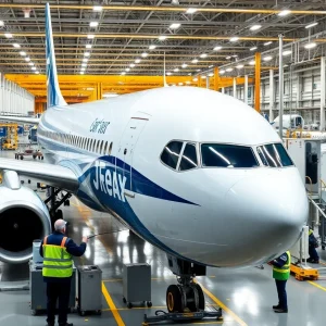 Workers inspecting Boeing 737 Max aircraft in production