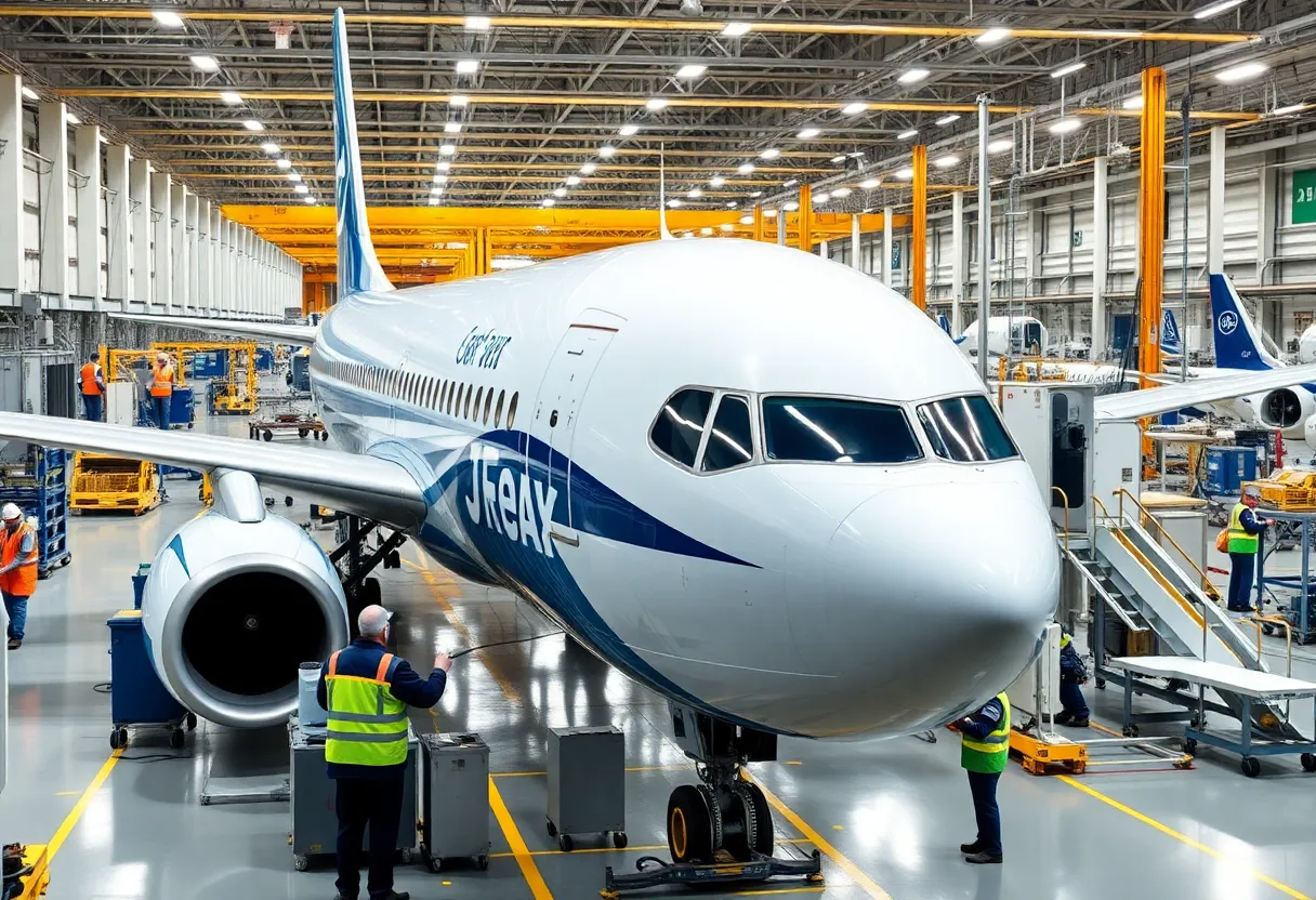 Workers inspecting Boeing 737 Max aircraft in production