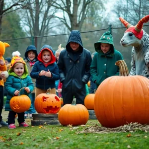 Families celebrating Halloween at Boo at the Zoo with costumes and activities in Albuquerque BioPark.