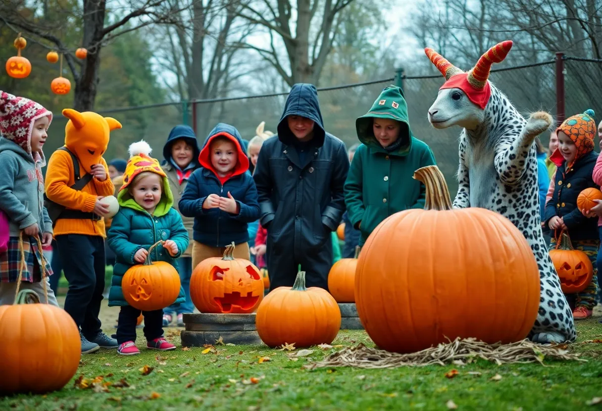 Families celebrating Halloween at Boo at the Zoo with costumes and activities in Albuquerque BioPark.