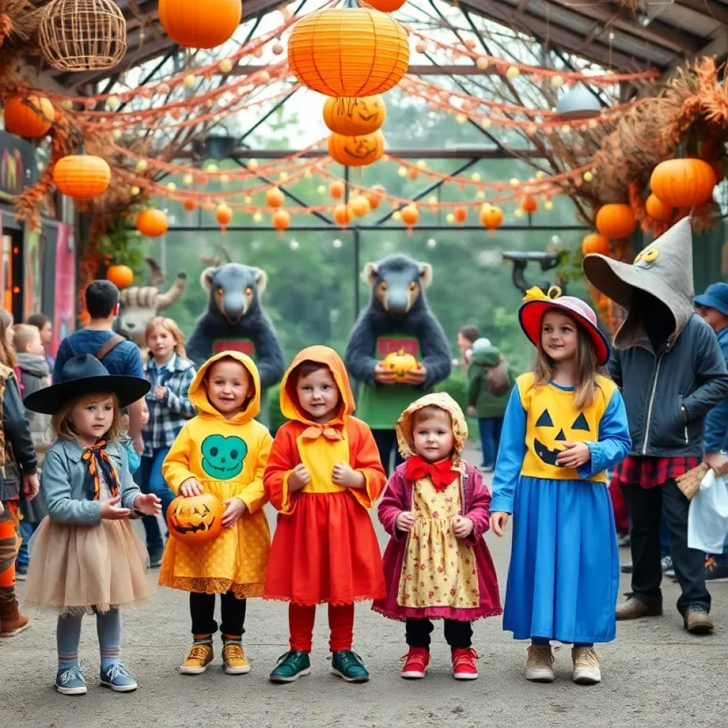 Families enjoying Halloween festivities at Boo at the Zoo with children in costumes and interacting with animals.