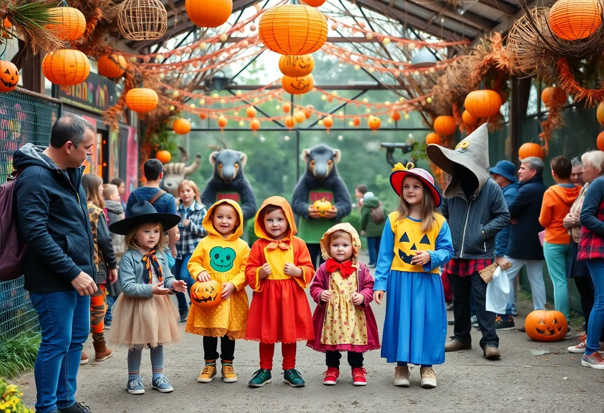 Families enjoying Halloween festivities at Boo at the Zoo with children in costumes and interacting with animals.