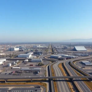 Industrial area near the U.S.-Mexico border with manufacturing plants.