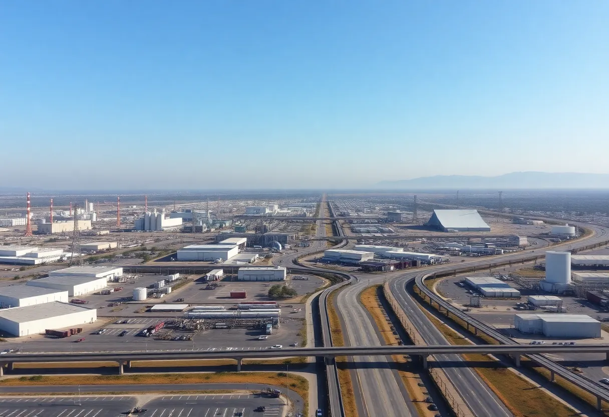 Industrial area near the U.S.-Mexico border with manufacturing plants.