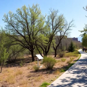 View of a restored bosque along the Rio Grande with native trees and trails.