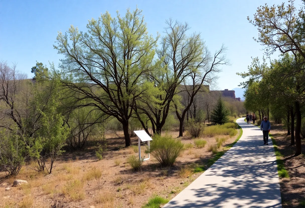View of a restored bosque along the Rio Grande with native trees and trails.