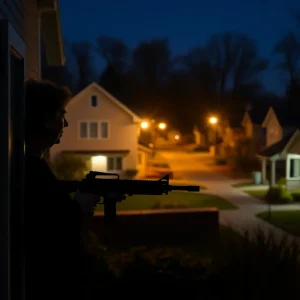 Silhouette of a grandmother at night holding a firearm in a residential area.