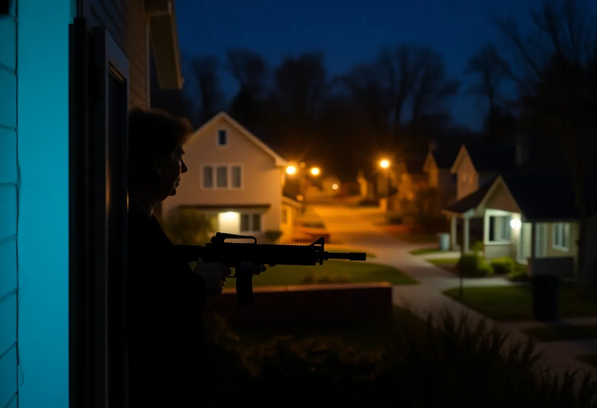 Silhouette of a grandmother at night holding a firearm in a residential area.