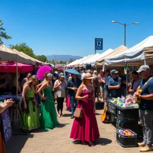 Festival scene from Bruja Fest in Albuquerque showing attendees in elaborate costumes and artistically decorated stalls.