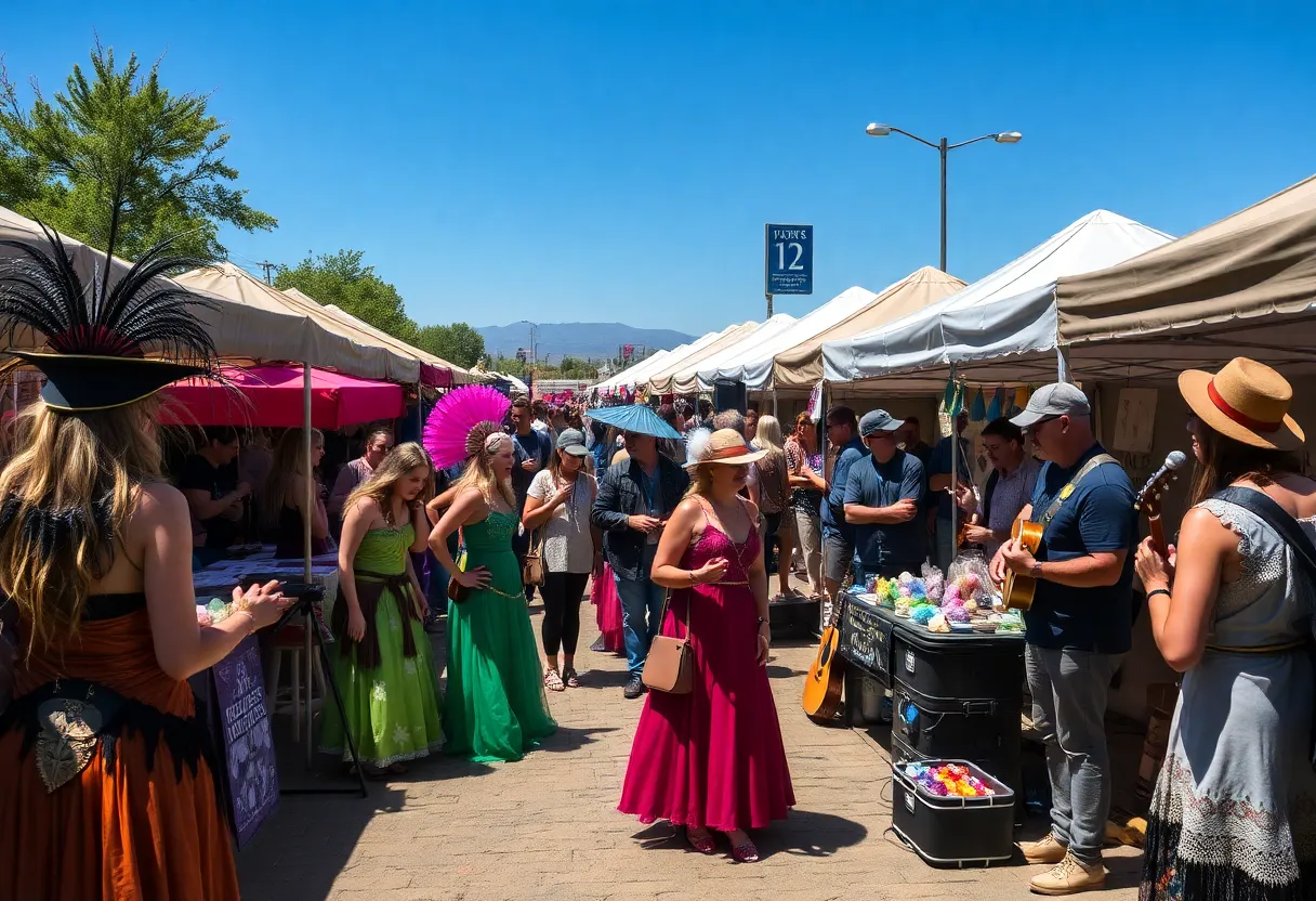 Festival scene from Bruja Fest in Albuquerque showing attendees in elaborate costumes and artistically decorated stalls.