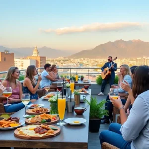 Crowd enjoying brunch at Tractor Brewing on a rooftop with mountains in the background