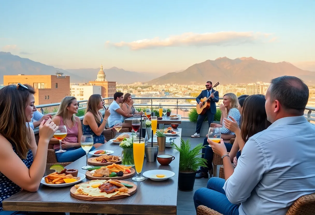 Crowd enjoying brunch at Tractor Brewing on a rooftop with mountains in the background