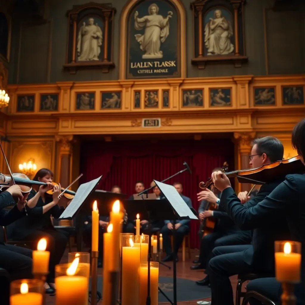 String musicians performing at a candlelit concert in Albuquerque's KiMo Theatre