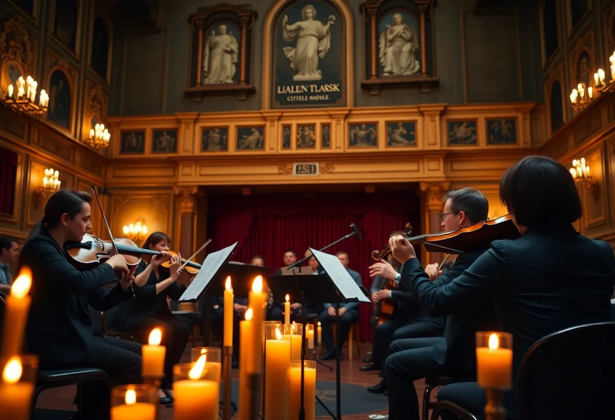 String musicians performing at a candlelit concert in Albuquerque's KiMo Theatre