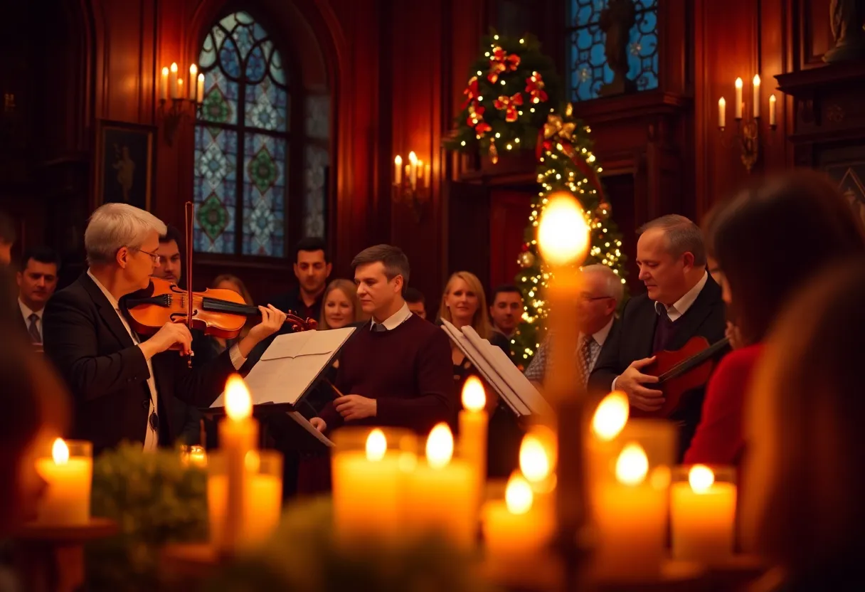 A string quartet performing Christmas carols by candlelight in Albuquerque