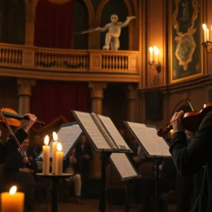 View of string musicians performing at the Candlelight Halloween Classics concert in a dimly lit theater.