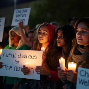 Community members holding candles at a vigil for child welfare reform