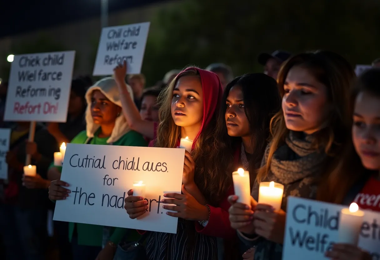 Community members holding candles at a vigil for child welfare reform