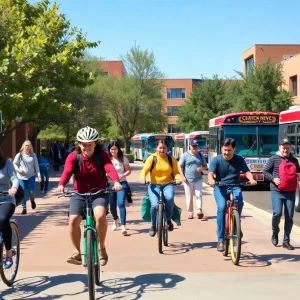 Students at Central New Mexico Community College participating in car-free commuting activities.