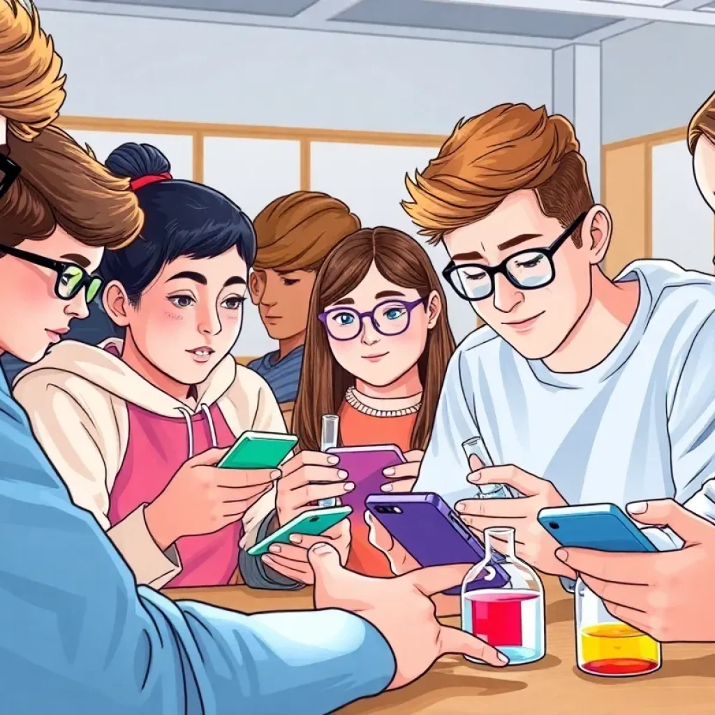 High school students using a chemistry education app in a classroom