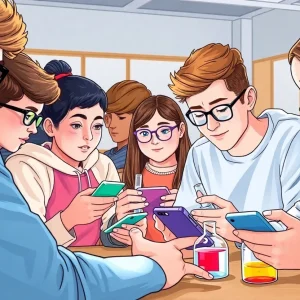 High school students using a chemistry education app in a classroom
