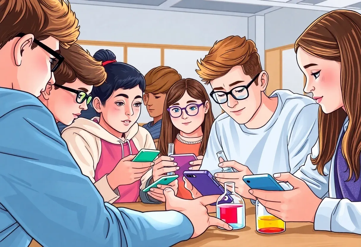 High school students using a chemistry education app in a classroom