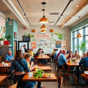 Interior view of Chicken Salad Chick in Albuquerque, with patrons enjoying their meals.