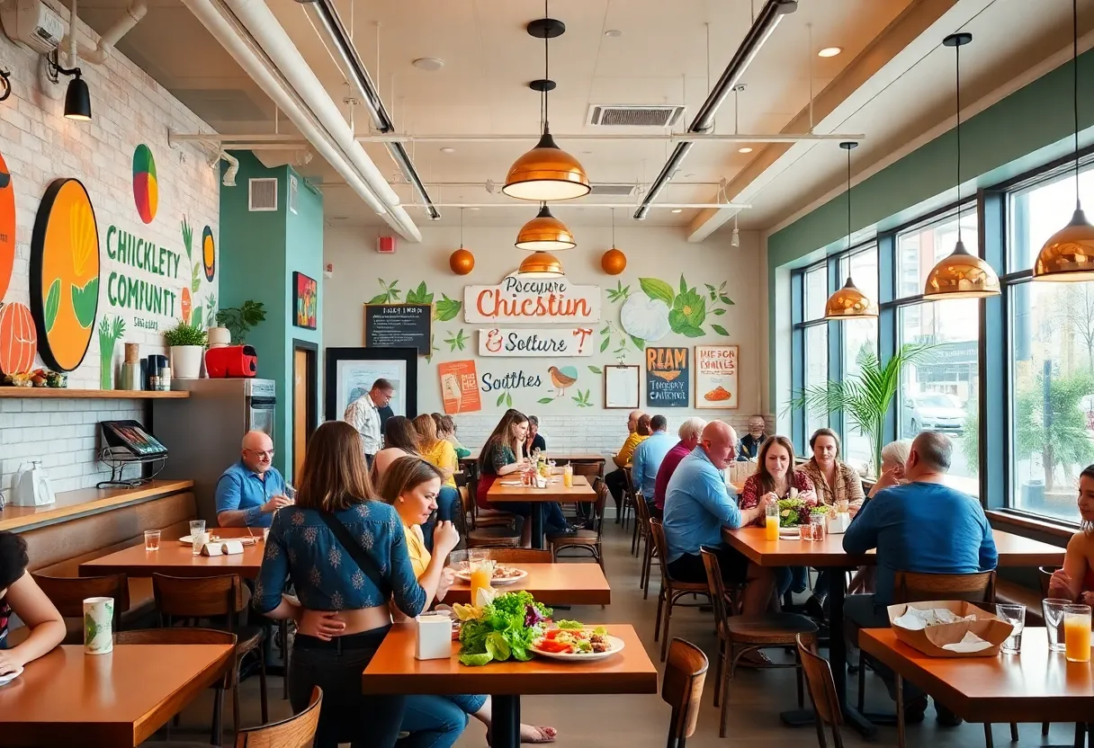 Interior view of Chicken Salad Chick in Albuquerque, with patrons enjoying their meals.