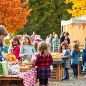 Children participating in the Entrepreneur Market at Big Jim Farms selling handmade goods and produce.