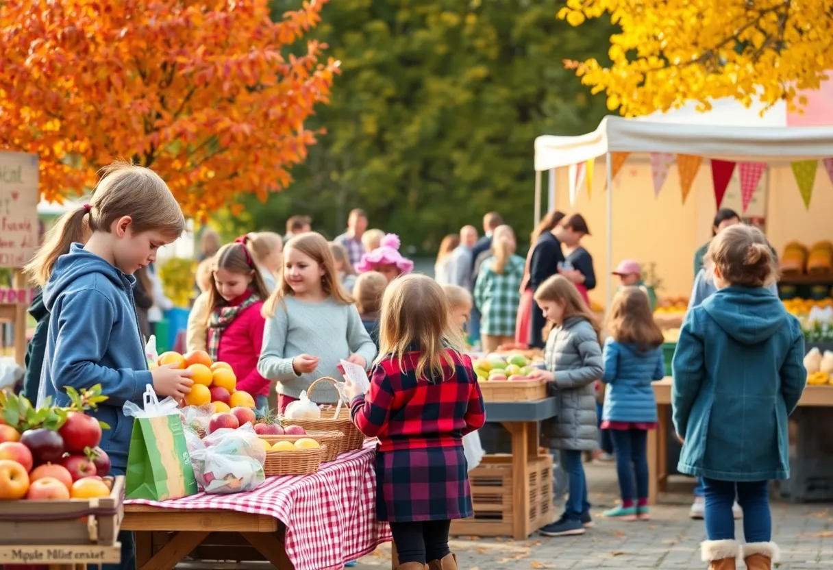 Children participating in the Entrepreneur Market at Big Jim Farms selling handmade goods and produce.