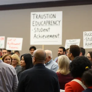 Community members discussing Albuquerque education policies at a forum.