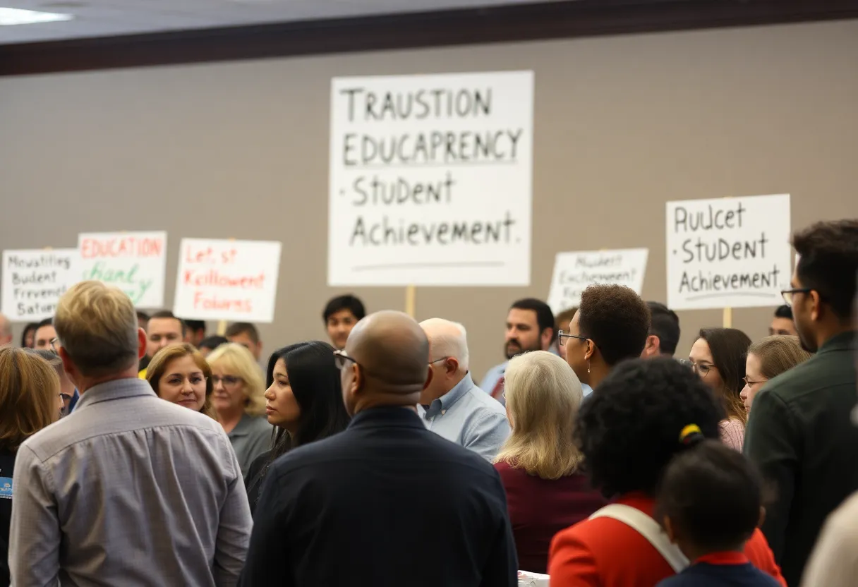 Community members discussing Albuquerque education policies at a forum.