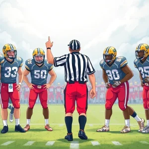 A referee making a disputed call during a college football game