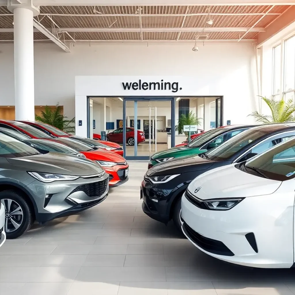 Exterior view of Corley Motors car dealership in Albuquerque with electric vehicles on display.