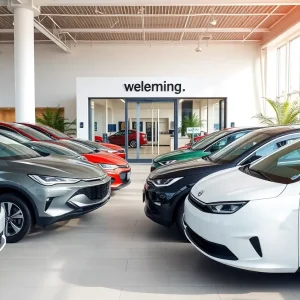 Exterior view of Corley Motors car dealership in Albuquerque with electric vehicles on display.