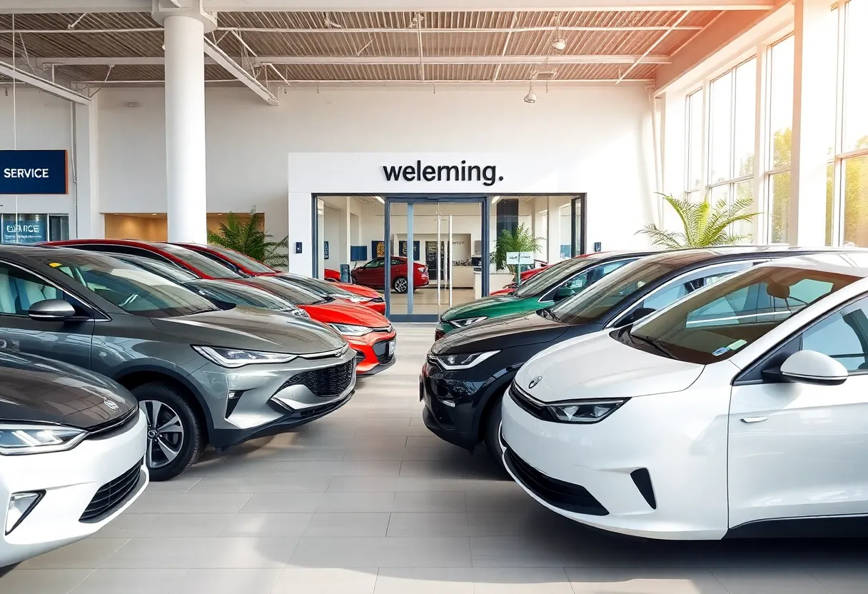 Exterior view of Corley Motors car dealership in Albuquerque with electric vehicles on display.