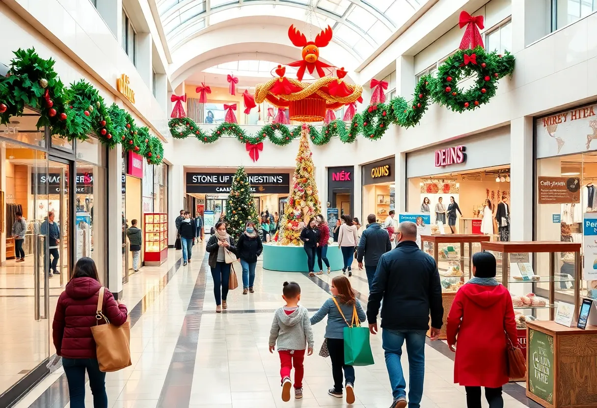 Families enjoying shopping at Coronado Center with festive decorations