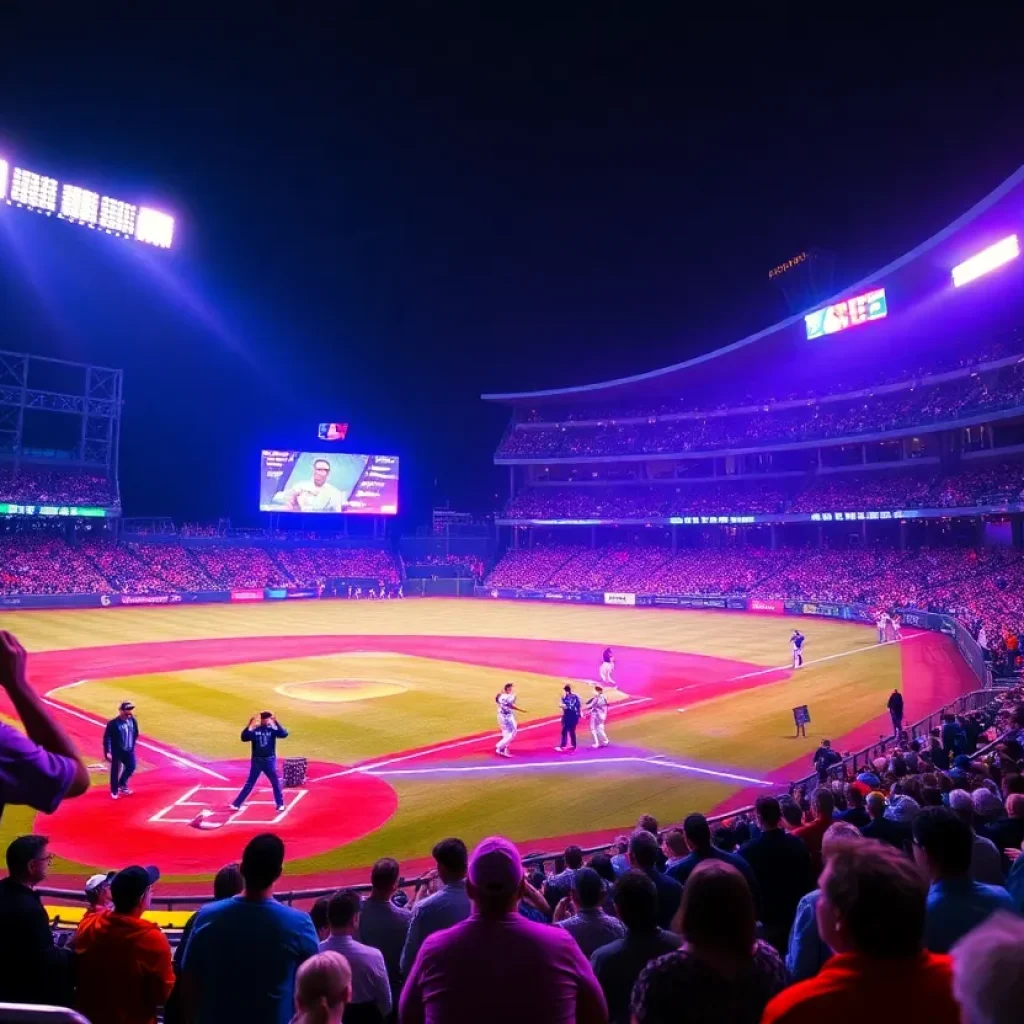 A colorful glowing baseball game with UV lights and excited fans