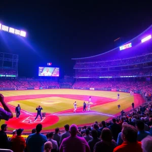 A colorful glowing baseball game with UV lights and excited fans