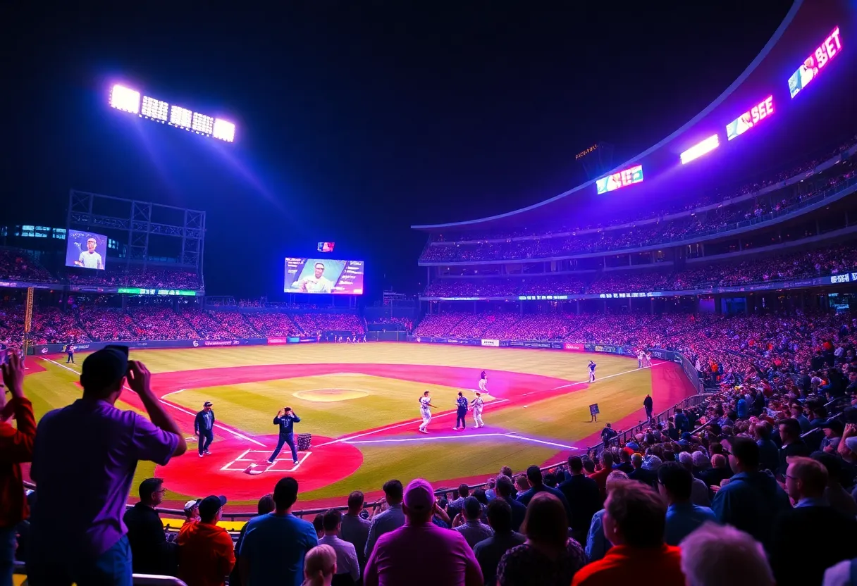 A colorful glowing baseball game with UV lights and excited fans