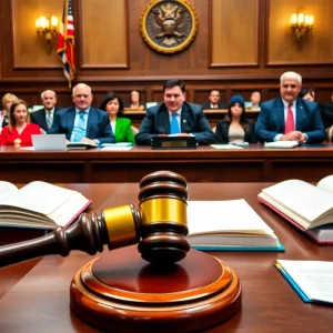 Courtroom scene illustrating a legal case regarding climate disclosure regulations.