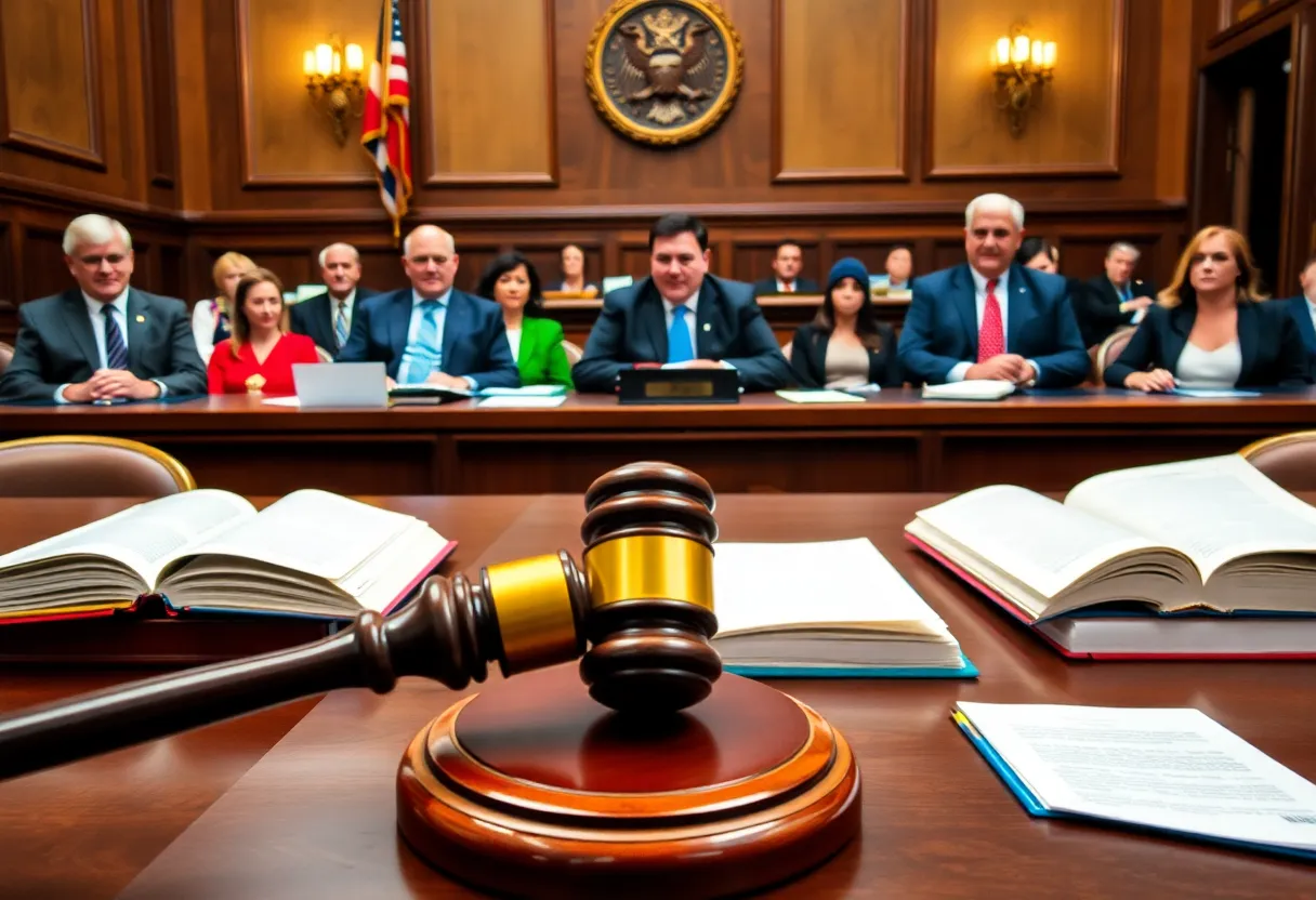Courtroom scene illustrating a legal case regarding climate disclosure regulations.