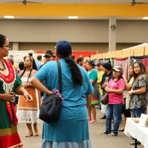 Vibrant cultural fair at Albuquerque High School with traditional Indigenous elements.