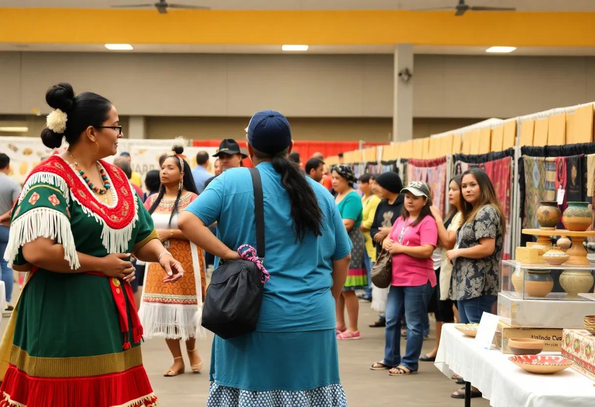 Vibrant cultural fair at Albuquerque High School with traditional Indigenous elements.