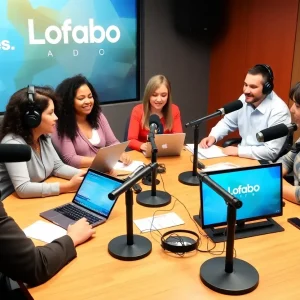 Radio studio at Cumulus Media featuring a team engaged in business news discussions.